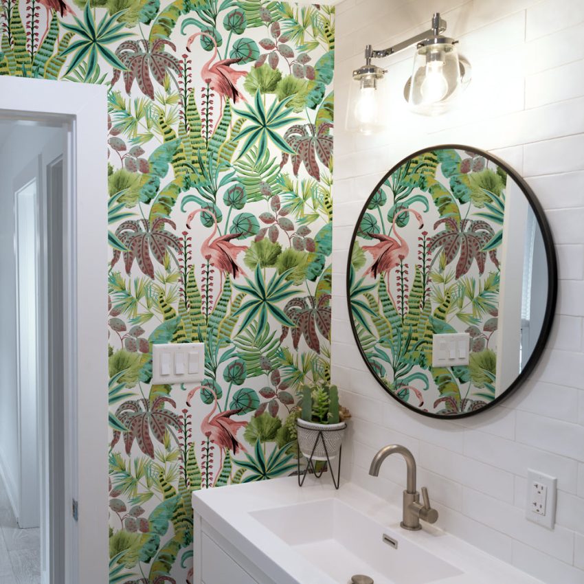 Peel and stick wallpaper in bathroom